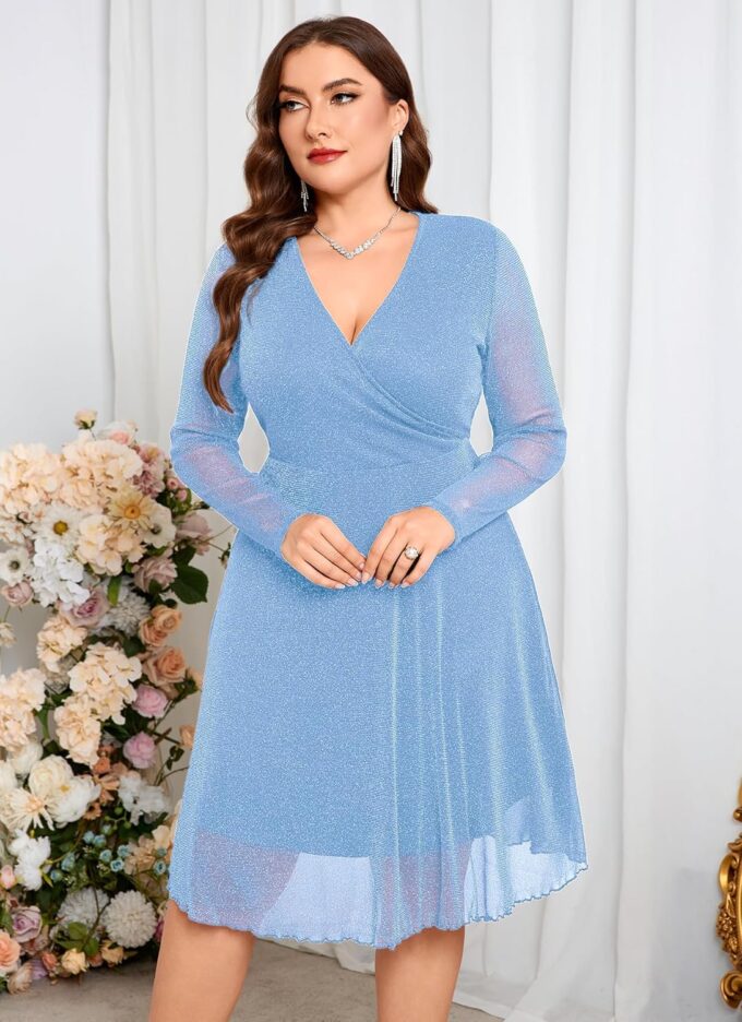 ZOMVA Plus Size Sparkly Mesh Dress A Line V Neck Wrap Short Glitter Dresses Wedding Guest Cocktail Evening Party – Bild 6