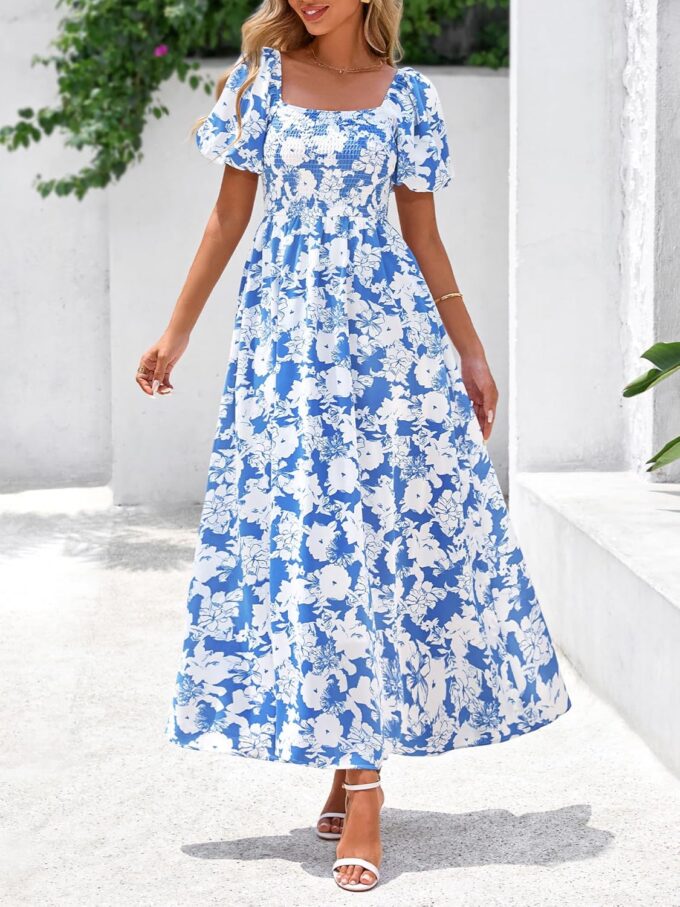 BTFBM Womens Summer 2025 Casual Maxi Dresses Short Sleeve Smocked Tiered Floral Boho Long Beach Dress with Pockets – Bild 7