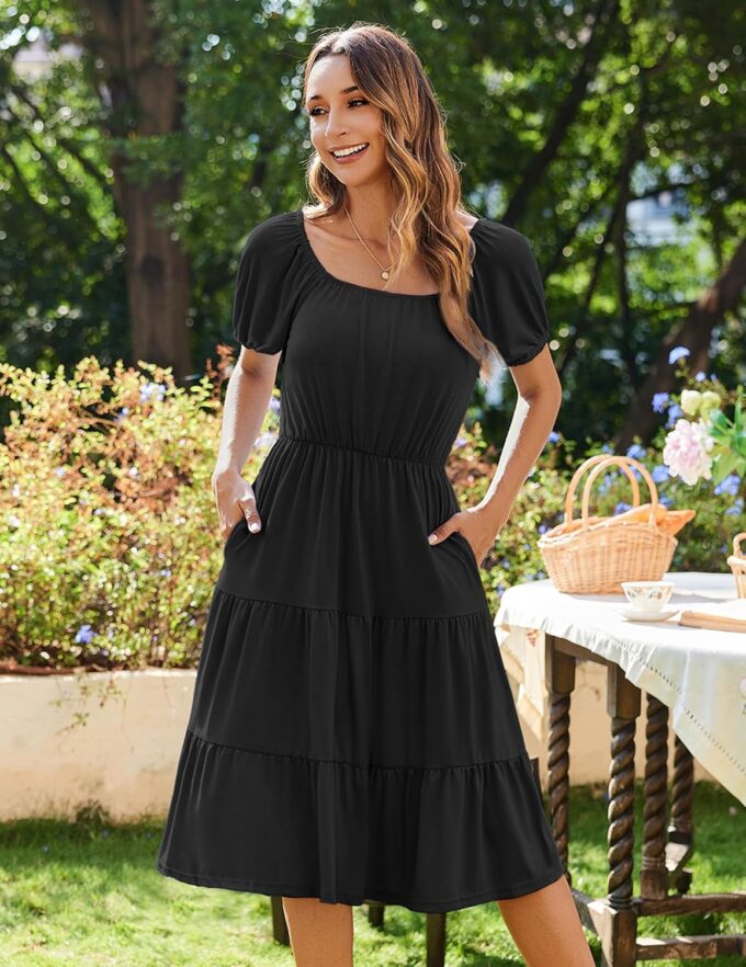 Zeagoo Women's Summer Dress Casual Puff Sleeve Square Neck Midi Dresses Tiered Beach Vacation A-Line Sundress with Pockets – Bild 2
