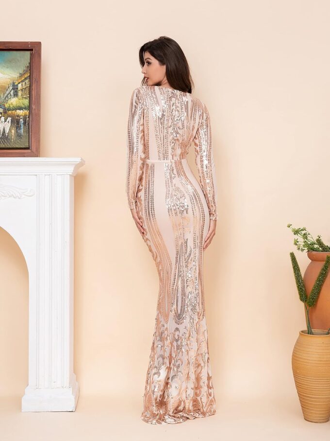 Women Evening Dress Sequin Long Sleeve Mermaid Crew Neck Cocktail Dress – Bild 3