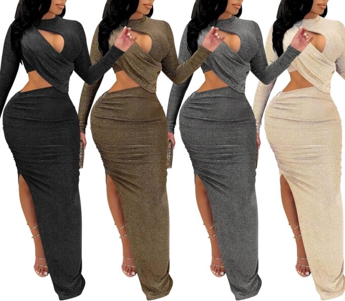 Famnbro Women's Sparkly Cut Out Dresses Wrap Ruched Bodycon High Split Cocktail Party Maxi Dress – Bild 5
