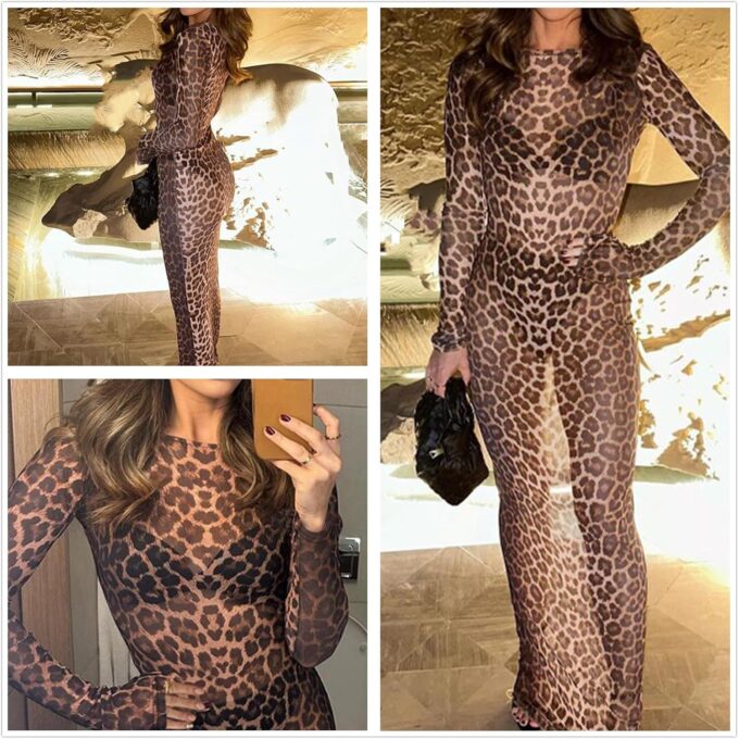 MINGSEECESS Women Sexy See Through Leopard Print Long Sleeve Mock Neck Bodycon Cover Up Party Club Maxi Dress – Bild 4