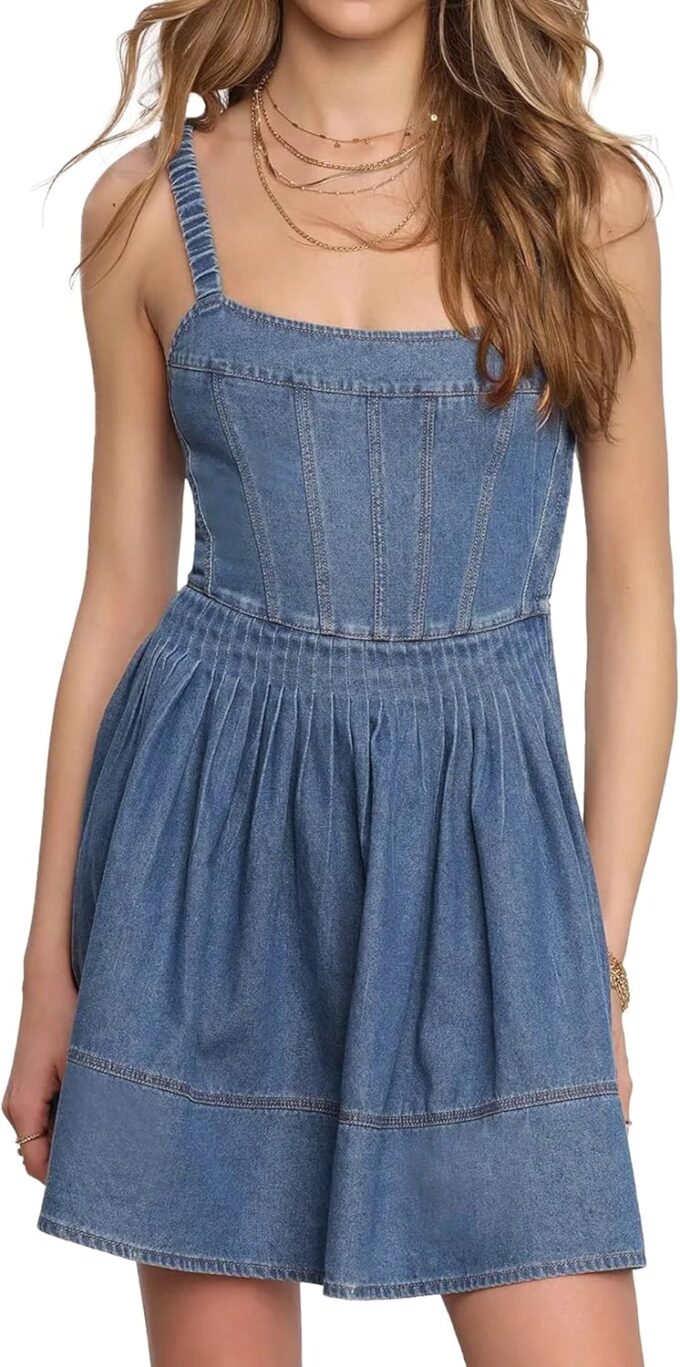 Beautiful Nomad Women's Sleeveless Strap Casual Denim Dress Waist Tucks Bodycon Corset Tube Mini Dress