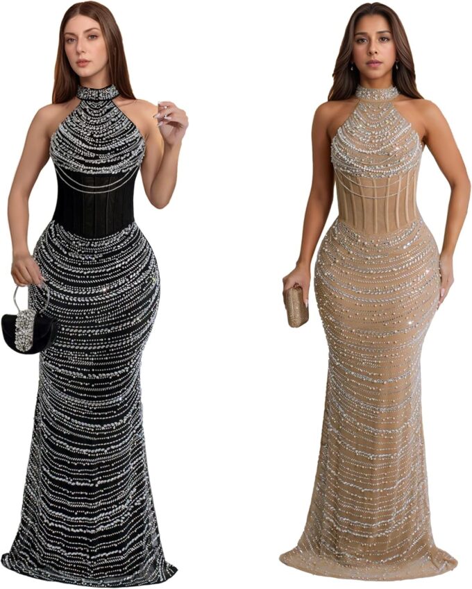 PORRCEY Women Sexy Elegant Rhinestone Mesh See Through Evening Dresses Party Club Night Clubwear – Bild 4