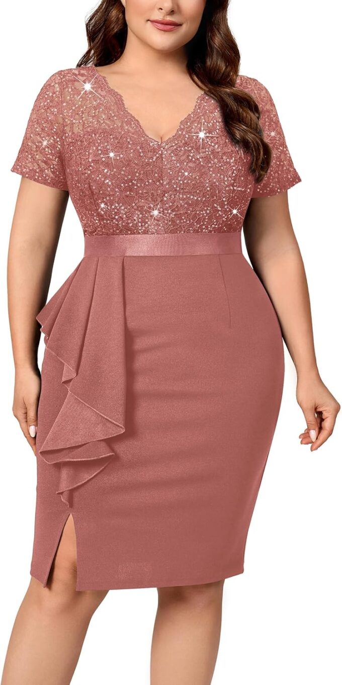 Miusol Women's Plus Size V Neck Sequin Floral Lace Contrast Ruffle Trim Slit Cocktail Dress