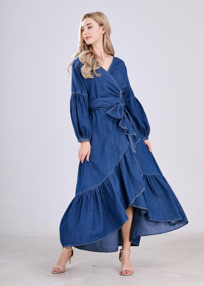 utcoco Womens Casual Belted Long Sleeve Denim Dress Wrapped V-Neck Ruffle Hem Maxi Denim Dresses for Women 2025 – Bild 4