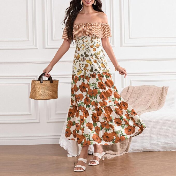 Woman Summer Floral Off Shoulder Long Dress Elastic Ruffled Short Sleeves Maxi Dresses Slim Fit Smocking Dress – Bild 5