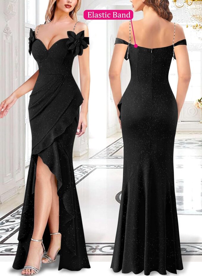 VFSHOW Womens Formal Spaghetti Strap Cold Shoulder Ruched Ruffle Slit Maxi Dress Sexy Sweetheart 3D Flower Prom Evening Gown – Bild 2