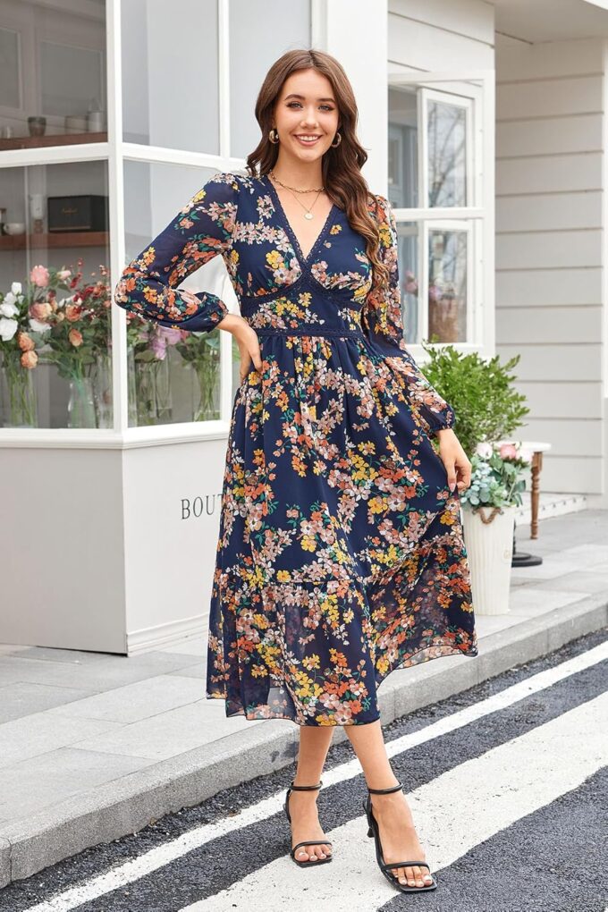 Women's Spring Wrap Maxi Dress Floral V Neck Long Sleeve Wedding Guest Party Casual Chiffon Dress – Bild 5