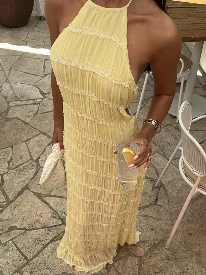 Women Summer Halter Neck Maxi Dress Flowy Ruffle Tiered Sleeveless Sundress Boho Backless Spaghetti Strap Long Dress – Bild 2
