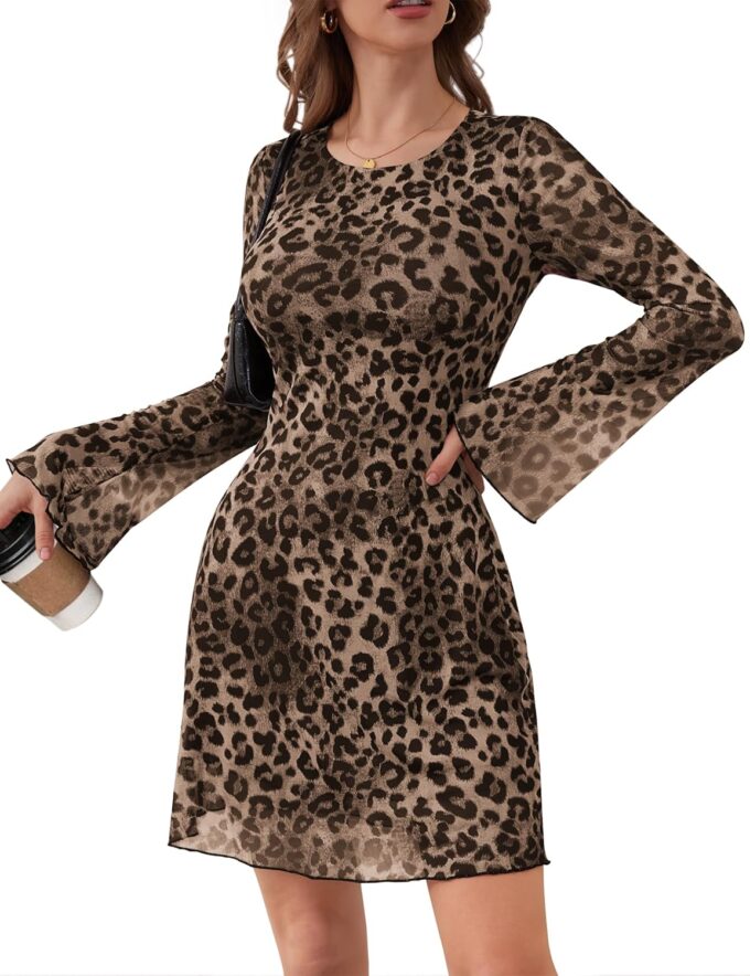 Women's Leopard Print Floral Mesh Dress Bell Long Sleeve Fall Party Sexy Cheetah Y2K Mini Dresses 2025 Spring Summer