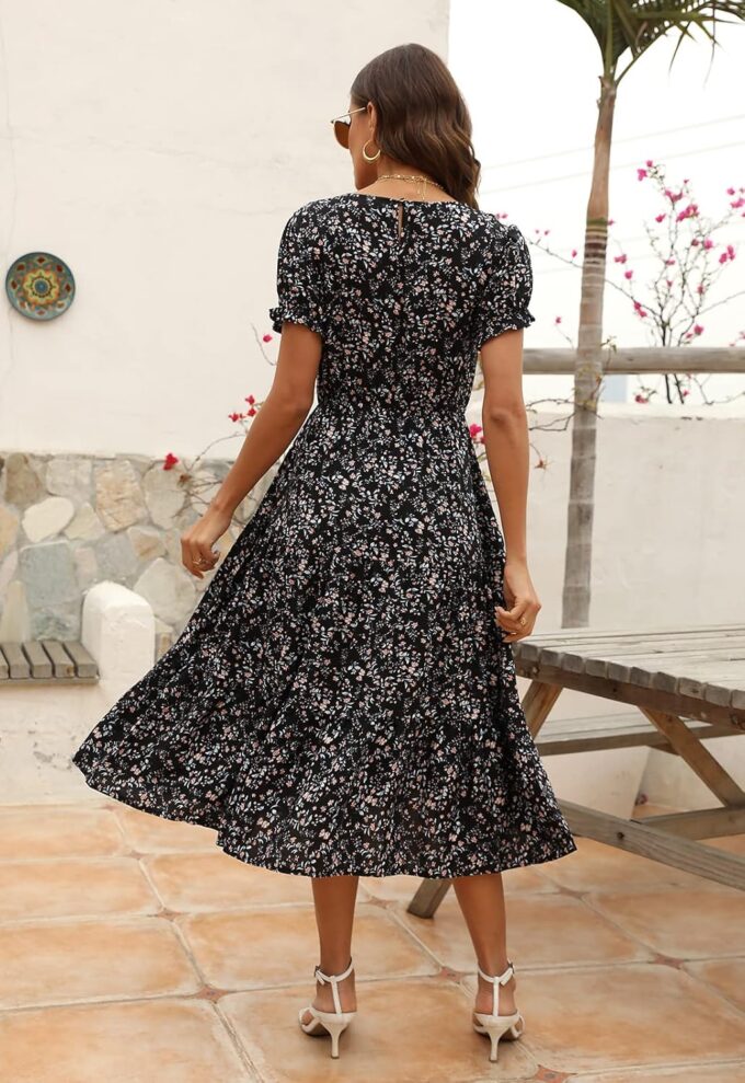 NAVINS Women Floral Print Puff Sleeve Tiered A-Line Swing Midi Dress with Pockets NA1002 – Bild 2