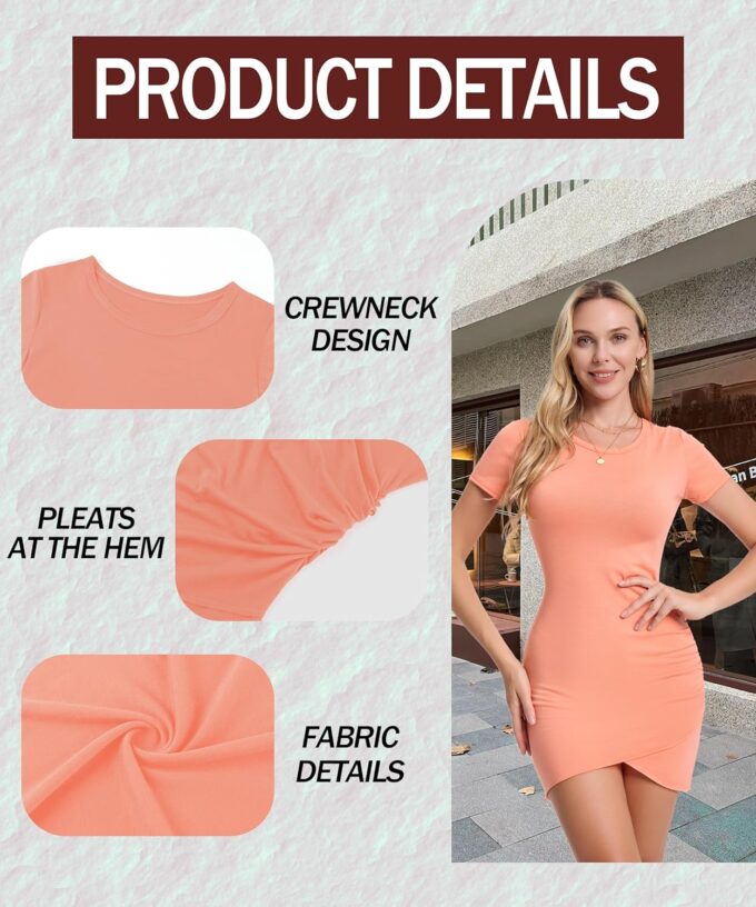 Top-cofrLD Etuikleid mit Rundhalsausschnitt, kurzärmelig, Stretch, Wickelkleid, Hüftkleid, Taillenfalten unter dem Schlitz, modisches Kleid – Bild 5