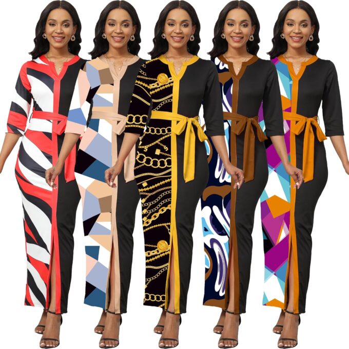 Damen V-Ausschnitt Split Bodycon Floral Maxi Bleistiftkleid Cocktail Party Büro Business 3/4 Ärmel Slim Print Kirchenkleider – Bild 7