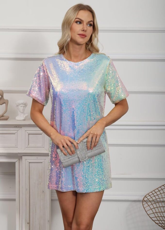 Ophestin Women's Sparkly Sequin T Shirt Dress Short Sleeve Crewneck Tie Backless Glitter Party Club Dresses – Bild 6