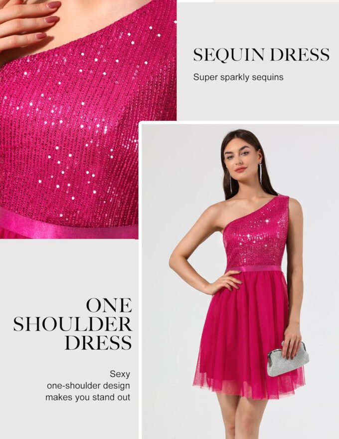 BeryLove Womens Sequin Short Homecoming Dress Formal One-Shoulder Cocktail Dress – Bild 3