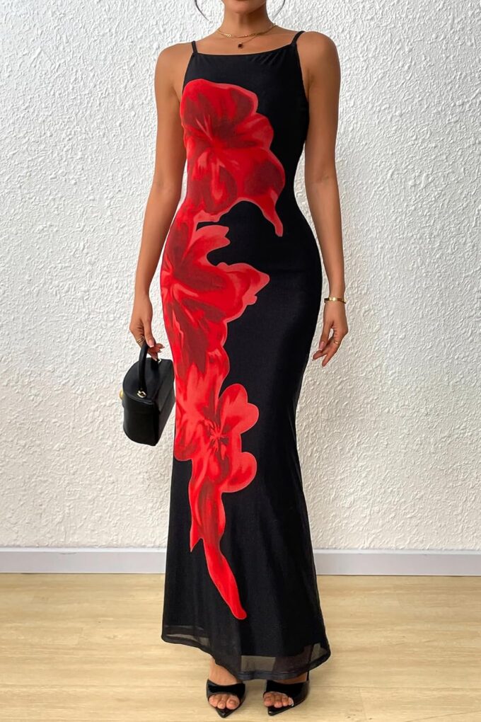 PRETTYGARDEN Womens Summer Dresses 2025 Elegant Spaghetti Straps Evening Gown Floral Print Bodycon Maxi Mesh Sundress – Bild 3