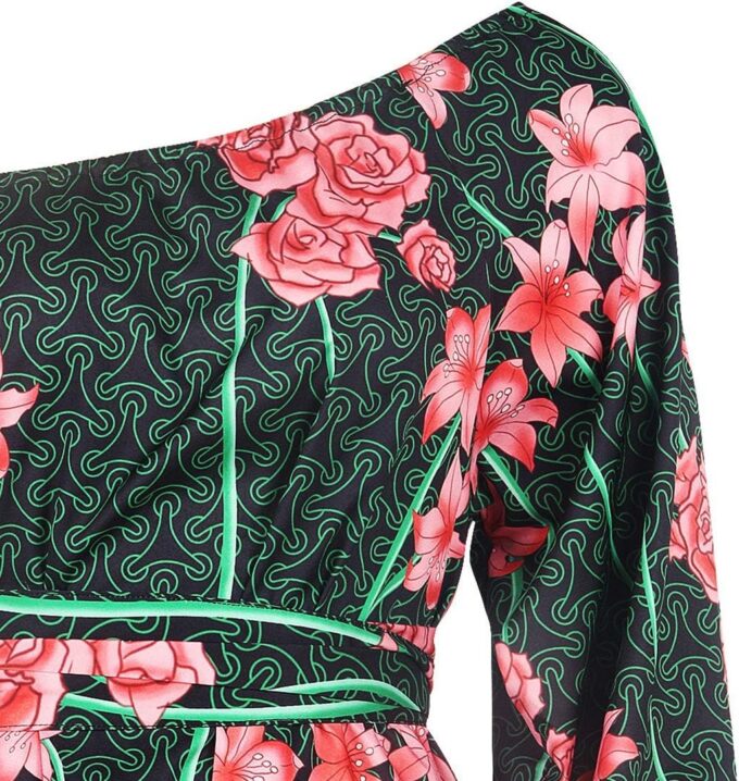 Vimoisa Women Sexy Boho African Short Dress One Shoulder Oblique Neck Dress Pleated Dress Floral Print Long Sleeve Top – Bild 7