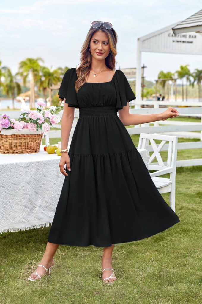GRACE KARIN Women's Summer Short Sleeve Square Neck Smocked Waist Casual Vacation Tiered Flowy Maxi Dress – Bild 4