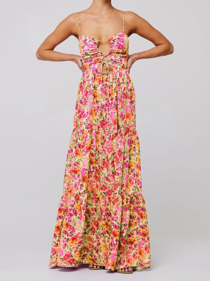 Women's Summer Floral Maxi Dresses Spaghetti Strap Sleeveless Cut Out Slip Dress Flowy Tie-Up Front Long Dress – Bild 2