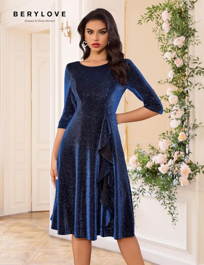 BeryLove Women Glitter Formal Party Dress 3/4 Sleeve Sparkly Cocktail Midi Prom Dress – Bild 5