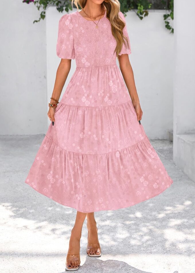 KIRUNDO Womens Summer Dresses Wedding Guest Floral Midi Sundress Short Puff Sleeve Flowy A Line Smocked Tiered Boho Dress – Bild 3