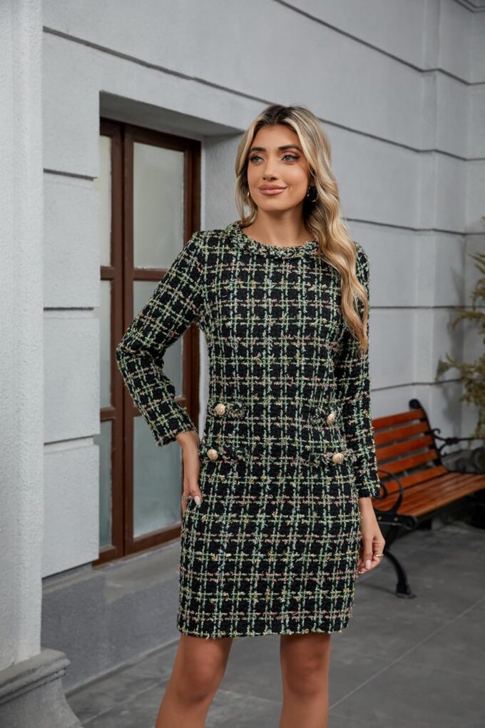 LifeShe Damen Langarm Tweed Minikleid Business Arbeit Kurzes Kleid Elegant Niedlich Partykleider – Bild 4