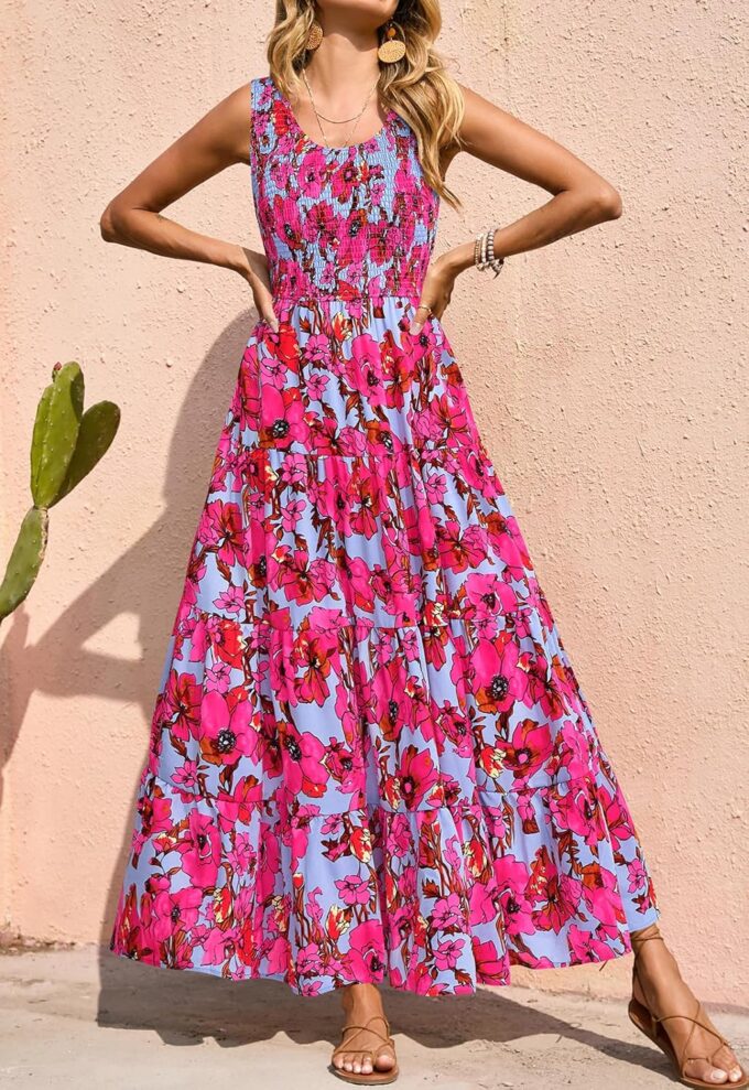 PRETTYGARDEN Smocked Tank Floral Maxi Dresses for Women 2025 Wedding Guest Dress Sleeveless Flowy Long Sundress with Pockets – Bild 3