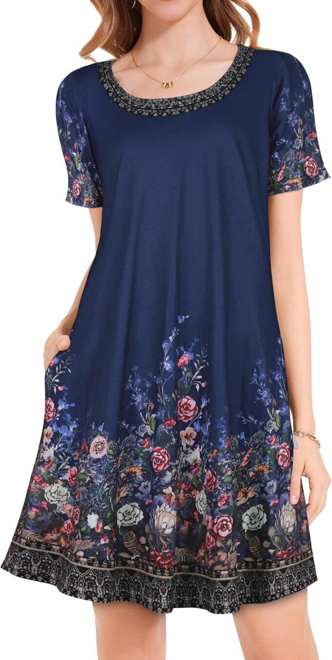 Summer Dresses for Women Casual Short Sleeve Sundress Scoop Neck Beach T Shirt Dress with Pockets – Bild 2