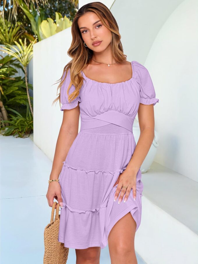 Caracilia Womens Dresses Summer 2025 Short Sleeve Square Neck Mini Dress Babydoll A-Line Ruffle Flowy Casual Beach Clothes – Bild 2
