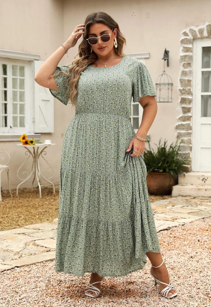 Nemidor Plus Size Maxi Dresses for Curvy Women Summer Casual Boho Ditsy Floral Print Layered Flared Long Dress with Pocket – Bild 2