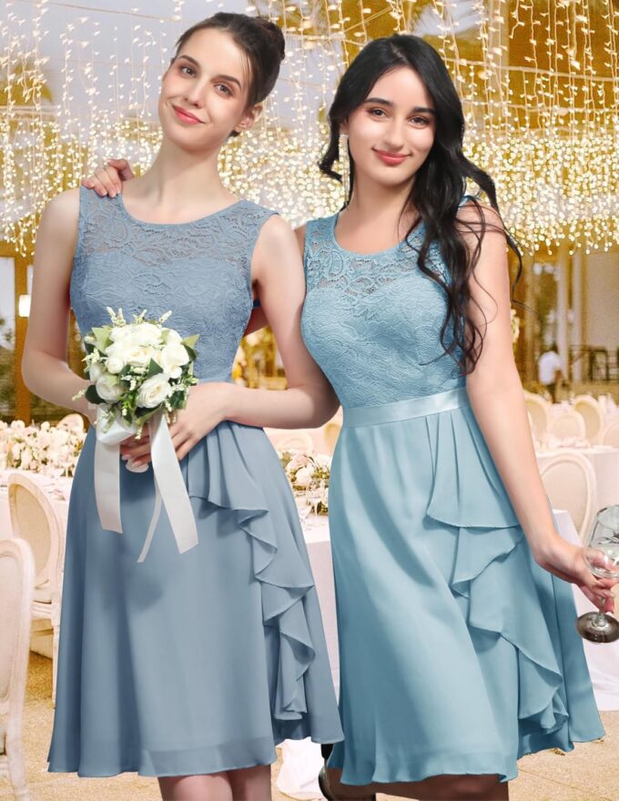 BeryLove Women's Cocktail Dresses Prom Wedding Guest Short Bridesmaid Dresses Ruffle Hem Sleeveless Lace Formal Dress – Bild 3