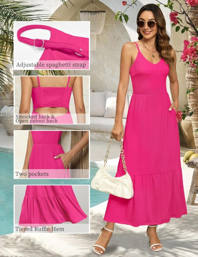 Kranda Women Summer Sleeveless Casual Long Maxi Vacation Beach Dresses V Neck Smocked Flowy Tiered Sundress with Pockets – Bild 3