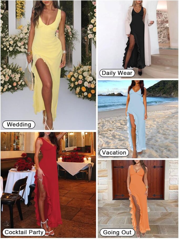 Women's Sexy V Neck Mesh Ruffles Hem High Slit Bodycon Maxi Dress for Women Formal Cocktail Wedding Guest Dresses – Bild 6