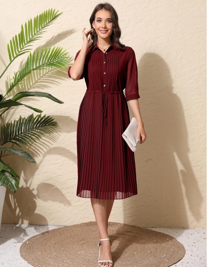 Women V Neck 3/4 Sleeve Pleated A-Line Dress with Belt Swing Midi Dresses for Spring Summer Autumn – Bild 3