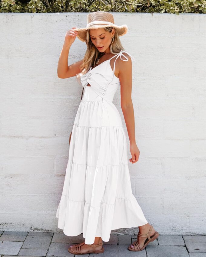 luvamia Long Flowy Dresses for Women Tiered Cut Out Midi Dress Self Tied Spaghetti Strap Summer Vacation Dinner Outfit – Bild 6