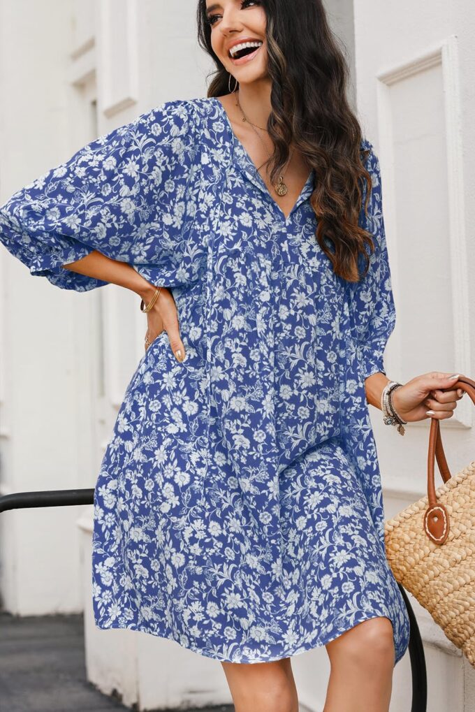 Dokotoo Womens Summer Dresses 2025 Boho Floral Drawstring V Neck Chiffon Lantern Sleeve Beach Vacation Mini Dress Sundress – Bild 3
