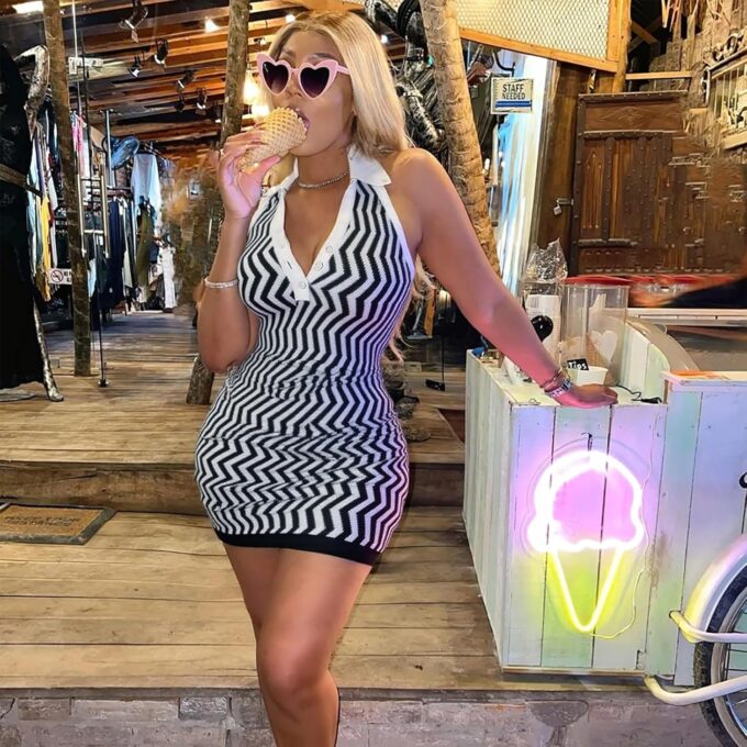 Ryehack Women’s Summer Halter Dress Backless Sundress Striped V Neck Bodycon Mini Beach Dress Y2k Sexy Casual Tank Dress