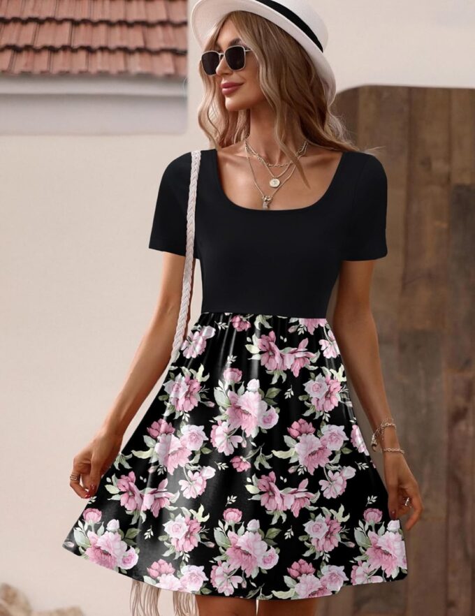 Zeagoo Womens Casual Dress Floral Patchwork Summer Dress Square Neck Short Sleeve A Line Flowy Swing Mini Dress with Pockets – Bild 2