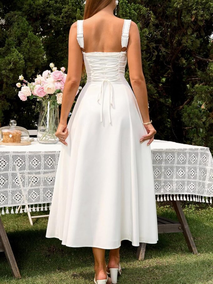 KUTUMAI Floral Corset Midi Dresses for Women 2025 Lace Up Flowy Summer Wedding Guest Dress with Pockets – Bild 3