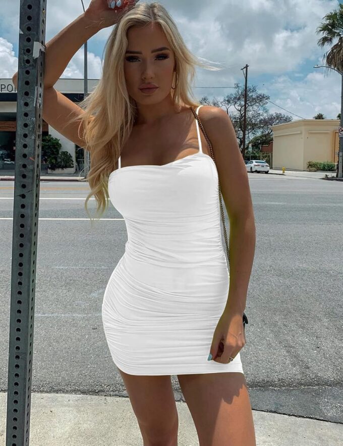 Mizoci Women's Sexy Sleeveless Ruched Spaghetti Strap Bodycon Mini Club Party Dress – Bild 4