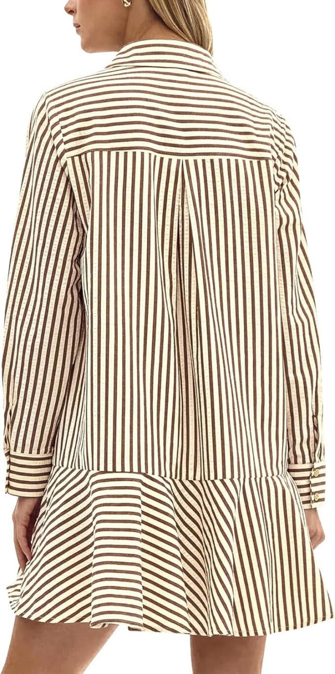 Womens Striped Shirt Mini Dress Long Sleeve Collared Ruffle Hem Button Up Tunic Flowy Swing Dresses – Bild 3