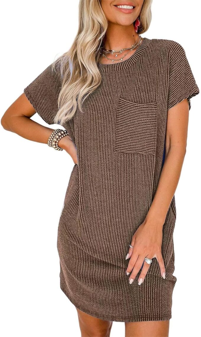 Acelitt Womens Casual Summer Crewneck Short Sleeve Ribbed Mini Tshirt Dress, XS-3XL