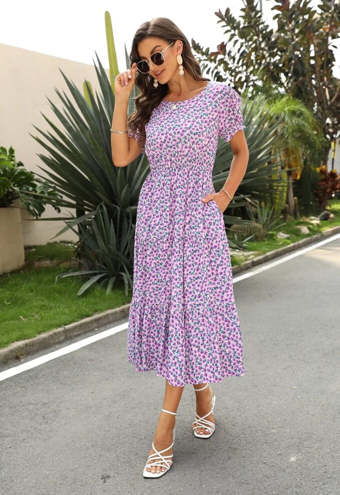 NAVINS Women Floral Print Puff Sleeve Tiered A-Line Swing Midi Dress with Pockets NA1002 – Bild 3