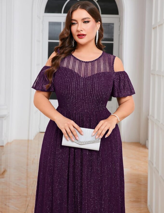 ZOMVA Plus Size Sparkly Mesh Maxi Dress Cold Shoulder Ruffle Sleeve High Low A Line Gown Wedding Guest Cocktail Party – Bild 2