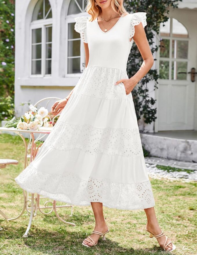 GRACE KARIN Women Summer Maxi Dresses Casual V Neck Ruffle Sleeve Lace Eyelet Tiered A Line Flowy Sundress with Pockets – Bild 2