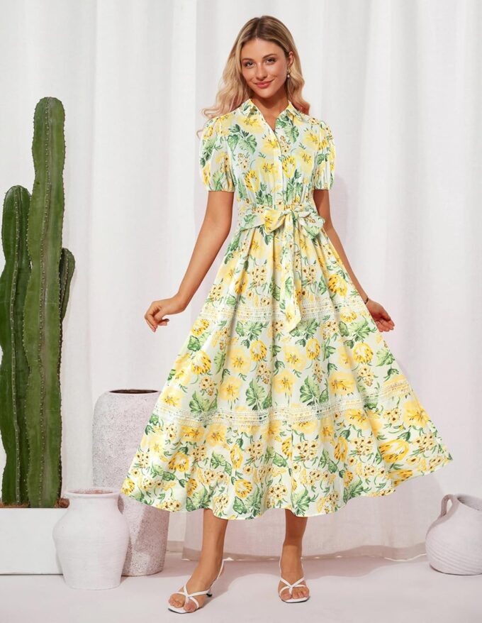 GRACE KARIN Women's 2025 Summer Floral Flowy Dresses Boho Tie Belt Short Puff Sleeve A Line Maxi Shirt Dress with Pocket – Bild 6