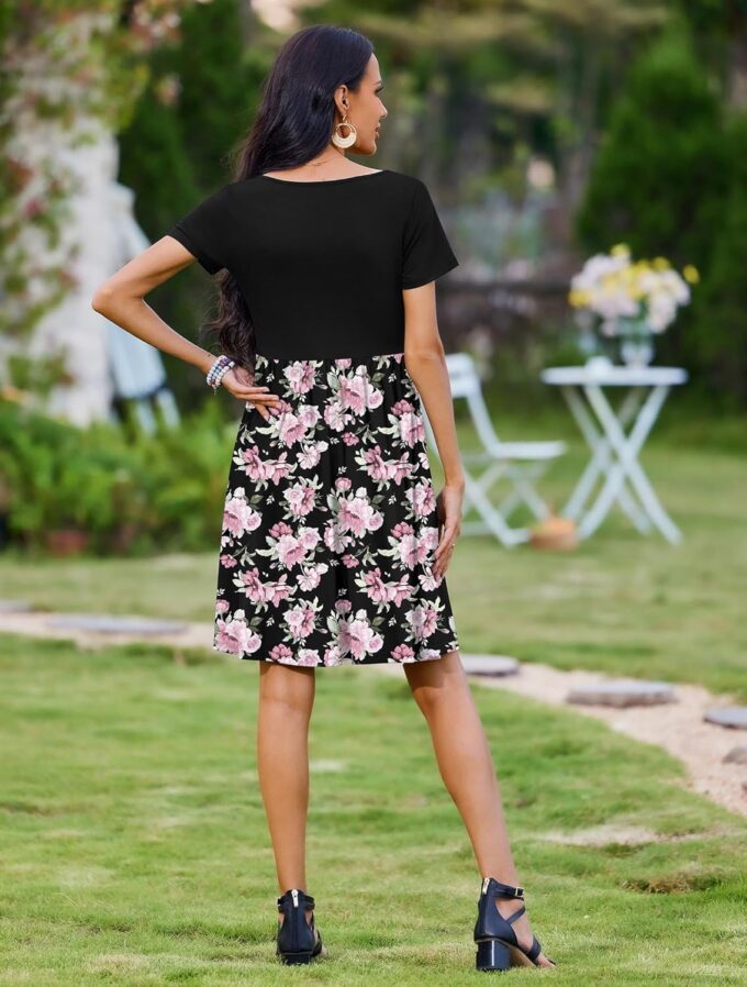 Zeagoo Womens Casual Dress Floral Patchwork Summer Dress Square Neck Short Sleeve A Line Flowy Swing Mini Dress with Pockets – Bild 6
