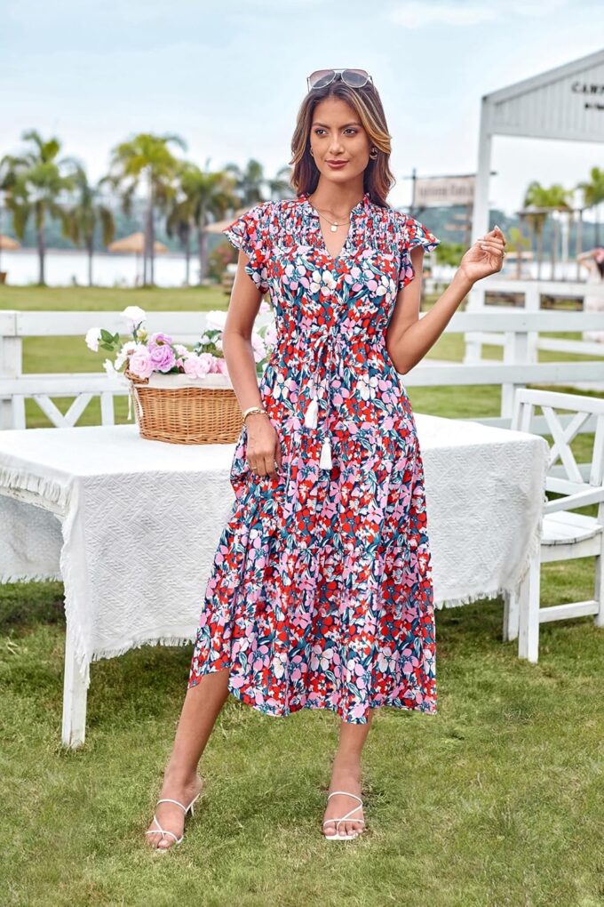 GRACE KARIN Womens Summer Floral Midi Dresses Short Sleeve Beach Wedding Guest Dress Drawstring Long Flowy Dress with Pockets – Bild 4