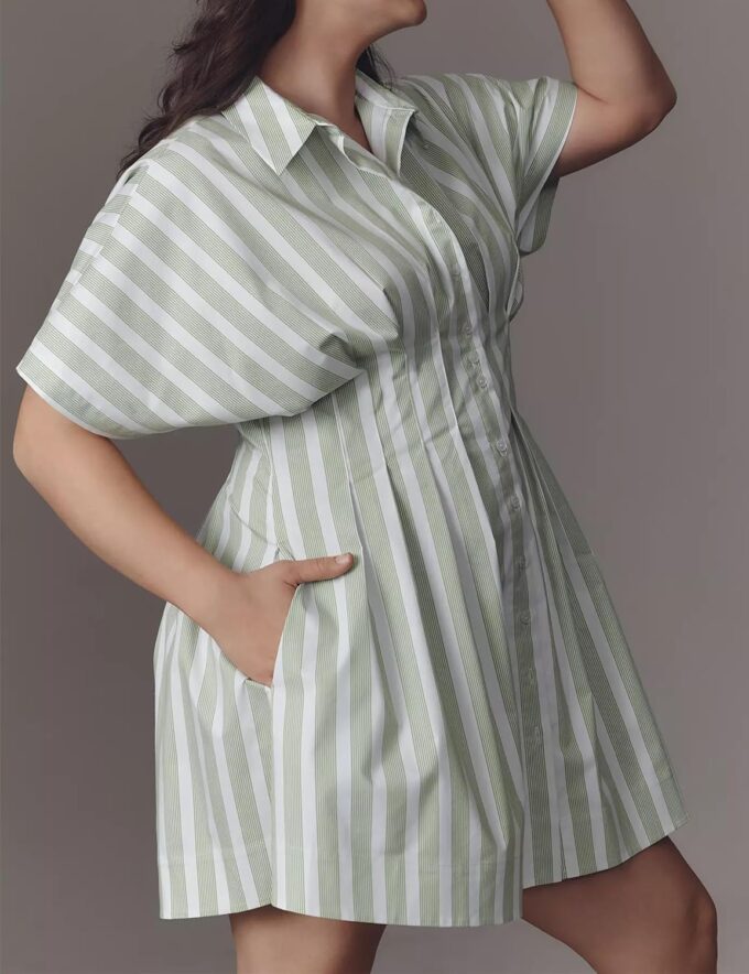 Women’s Button Front Down Pleated Shirt Dress Summer Casual Striped Short Sleeve Blouse Mini Dresses – Bild 5